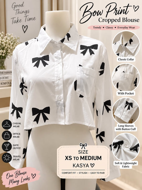 Bow print cropped blouse