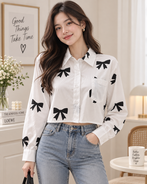 Bow Print Long Sleeve Cropped Blouse lifestyle image