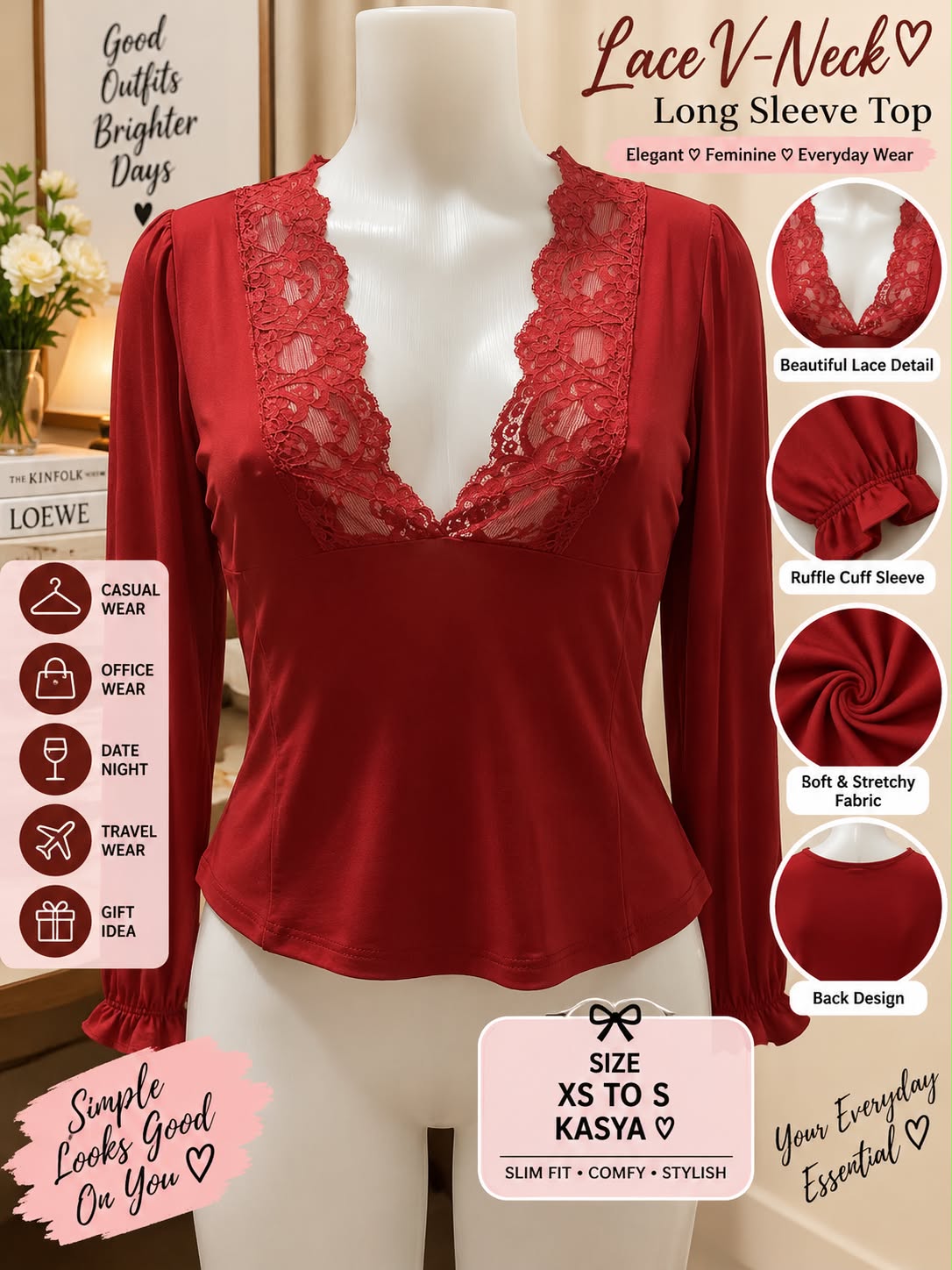 Red lace V-neck long sleeve top